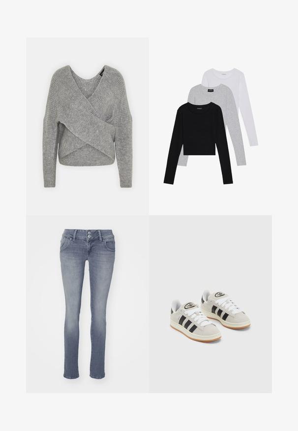 Siva ovitek pulover z globokim V-izrezom, dolgimi rokavi in ribasto teksturo. Narejen iz mehke pletene tkanine z plastnim, asimetričnim dizajnom.; Tri dolga rokava zložena: črna, siva in bela. Vsaka ima okroglo izreznico in skrajšan dizajn z gladkim, lahkotnim materialom.; Usnjene hlače v svetlo modrem denimu, ki imajo klasičen pet-žepni dizajn, zapiranje z dvema gumboma ter rahlo zbledelost na sprednji strani.; Sive športne čevlje iz semiša z belimi vezalkami, črnimi črtami in belim gumijastim podplatom. Imajo okroglo oznako na ježku in podplat iz gume.