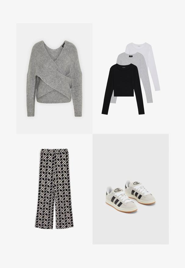 Grau umwickelter Pullover mit tiefem V-Ausschnitt, langen Ärmeln und gerippter Textur. Hergestellt aus einem weichen Strickmaterial mit einem geschichteten, asymmetrischen Design.; Drei langärmelige Oberteile gestapelt: schwarz, grau und weiß. Jedes hat einen runden Halsausschnitt und ein kurzes Design aus glattem, leichtem Stoff.; Weite Hosen mit einem schwarz-beigen geometrischen Diamant- und Kreuzmuster, elastischem Bund, flach auf weißem Hintergrund ausgelegt.; Graue Wildledersneaker mit weißen Schnürsenkeln, schwarzen Streifen und einer weißen Gummisohle. Merkmale sind ein kreisförmiges Logo auf der Zunge und eine Gummisohle.