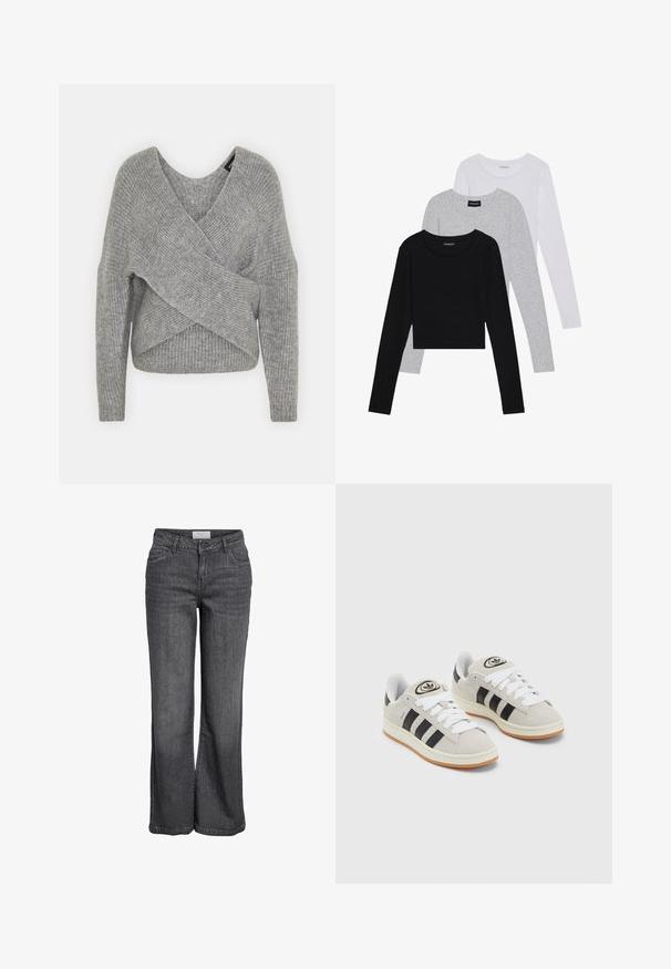 Šedý svetr s volnějším V-výstřihem, dlouhými rukávy a žebrovanou strukturou. Vyrobeno z měkké pleteniny s vrstveným, asymetrickým designem.; Tři trička s dlouhým rukávem naskládaná na sobě: černé, šedé a bílé. Každé má kulatý výstřih a kratší střih z hladkého, lehkého materiálu.; Džíny s širokými nohavicemi v tmavě šedém denimu. Mají vysoký pas, tradiční pětizáložkový design a čistý lem bez ozdob.; Šedé semišové tenisky s bílými tkaničkami, černými pruhy a bílou gumovou podrážkou. Mají kulaté logo na jazyku a gumovou podrážku.