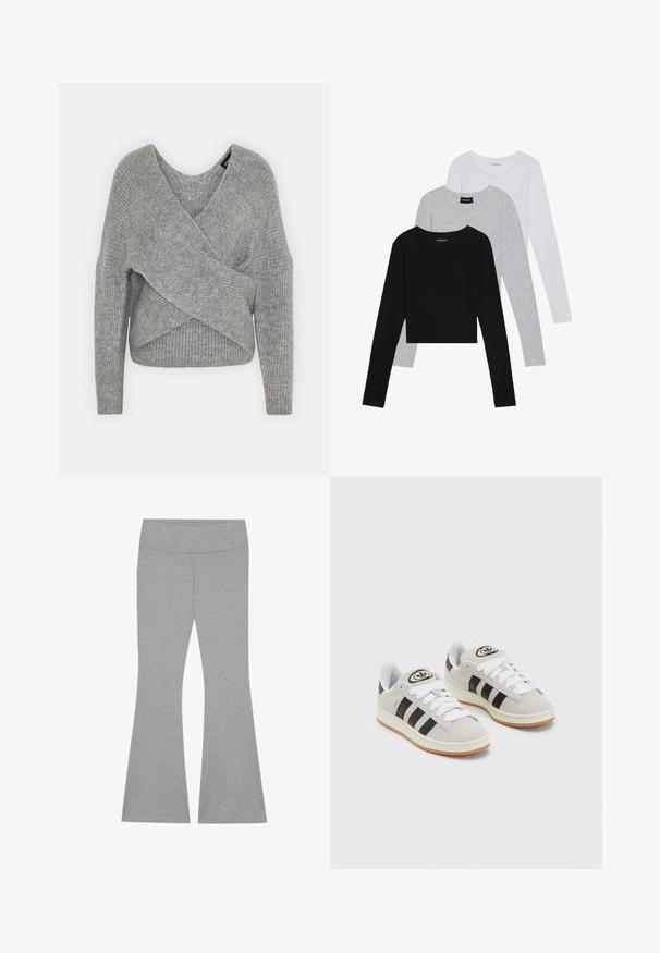 Grå indpakningssweater med dyb V-udskæring, lange ærmer og ribbet tekstur. Fremstillet i et blødt strikkemateriale med et lagdelt, asymmetrisk design.; Tre langærmede toppe stablet: sort, grå og hvid. Hver har en rund halsudskæring og et cropped design med glat, let stof.; Grå flagrende leggings lavet af blødt, strækbart stof. Har en glat talje og en tætsiddende lårdel, der flarer ud ved kanten.; Grå ruskinds sneakers med hvide snørebånd, sorte striber og en hvid gummisål. Har et rundt logo på tungen og en gummisål.