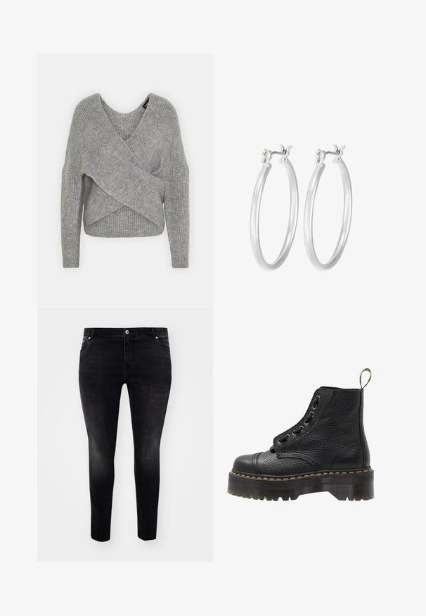 Pilkas aptraukiamas megztinis su giliu V formos iškirpimu, ilgomis rankovėmis ir riešutiniu tekstūru. Pagamintas iš minkštos megztos medžiagos su sluoksniuota, asimetrine konstrukcija.; Trijų ilgomis rankovėmis marškinėlių krūva: juodas, pilkas ir baltas. Kiekvienas turi apvalų iškirpimą ir trumpą dizainą, pagamintas iš lygaus, lengvo audinio.; Juodi džinsai su liesu siluetu, penkių kišenių dizainu, mygtuko užsegimu ir lengvu blukimu tekstūrai. Minimalistinis stilius, jokių matomų raštų.; Juodas odinis aulinukas iki kulkšnies su tekstūruotu paviršiumi, apvaliu pirštu, raištelių uždarymo dizainu, geltonomis siūlėmis ir storu, briaunotu juodu platformos padu.; Sidabriniai auskarai su sklandžiu, poliruotu paviršiumi. Apvalios formos ir saugus uždarymo mechanizmas. Lengvas dizainas, tinkantis kasdieniam dėvėjimui.