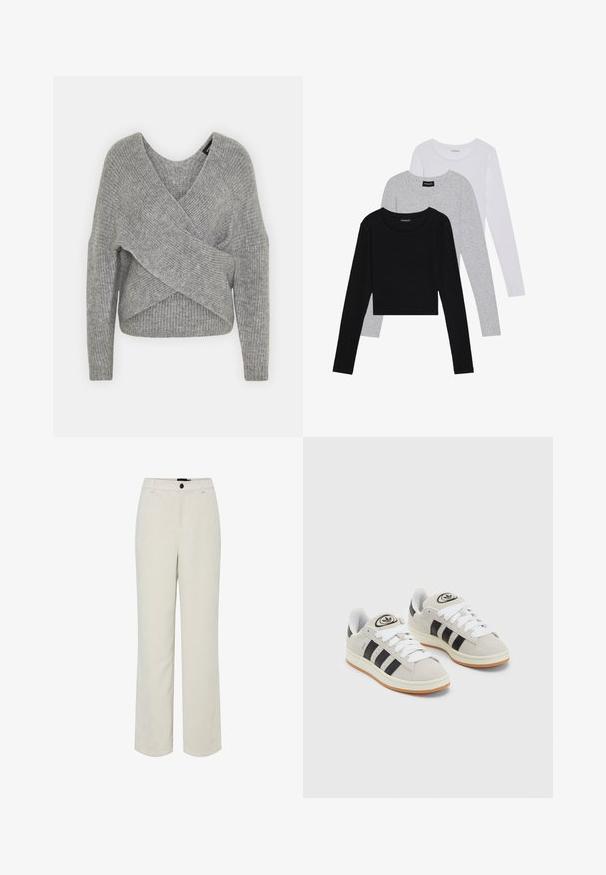 Grijze wikkeltrui met een diepe V-hals, lange mouwen en ribbelstructuur. Gemaakt van een zachte gebreide stof met een gelaagd, asymmetrisch ontwerp.; Drie langmouwige tops gestapeld: zwart, grijs en wit. Elke top heeft een ronde halslijn en een cropped ontwerp van soepel, lichtgewicht materiaal.; Pieces PCEFFI WIDE PANT - Broek - egret; Grijze nubucklederen sneakers met witte veters, zwarte strepen en een witte rubberen zool. Bevat een rond logo op de tong en een gumzool.