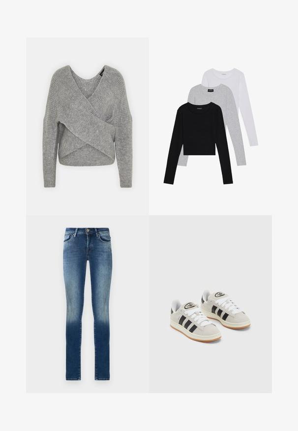 Suéter gris envolvente con un profundo escote en V, mangas largas y textura acanalada. Fabricado con un material de punto suave y un diseño asimétrico en capas.; Tres camisetas de manga larga apiladas: negra, gris y blanca. Cada una tiene un escote redondo y un diseño recortado con una tela suave y ligera.; Jeans ajustados de mezclilla en un color azul medio, con efecto de desvanecimiento gradual, cinco bolsillos y cierre de un botón.; Zapatillas de ante gris con cordones blancos, rayas negras y suela de goma blanca. Presentan un logo circular en la lengüeta y una suela de goma.