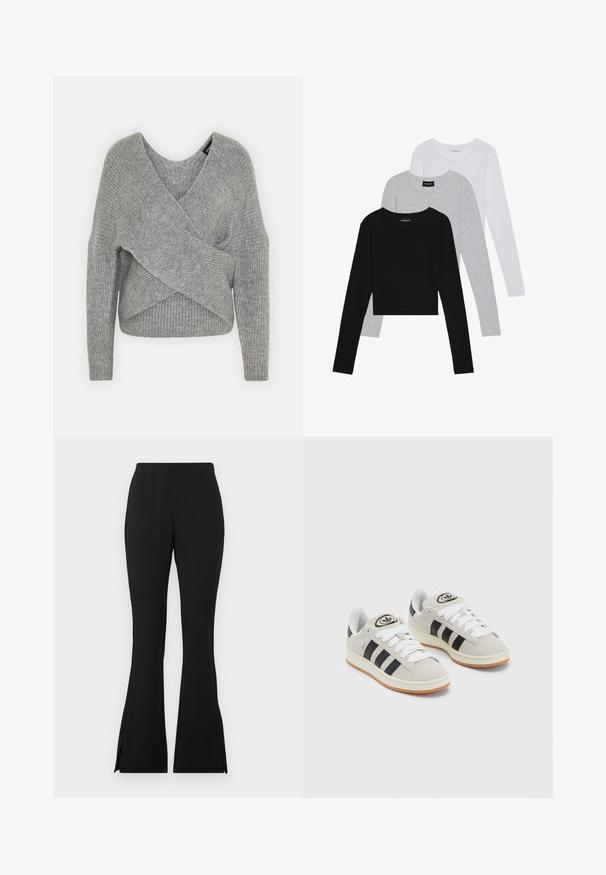 Pelēka apvalka džemperis ar dziļu V veida kakla izgriezumu, garām piedurknēm un ribu tekstūru. Izgatavots no mīksta adījuma materiāla ar slāņotu, asimetrisku dizainu.; Trīs garām piedurknēm veidotas augšdaļas, sakrautās: melna, pelēka un balta. Katram ir noapaļots kakla izgriezums un īsa dizaina forma ar gludu, vieglu audumu.; Melnas izplešanas bikses, kas izgatavotas no gluda, elastīga materiāla. Piedāvā sānu šķēlumus apakšā papildu detaļām. Klasisks dizains un daudzpusīga piegriezums.; Pelēkas zamšādas kedas ar baltām saites, melnām svītrām un baltu gumijas zoli. Raksturīga apļa logo uz mēles un gumijas zole.