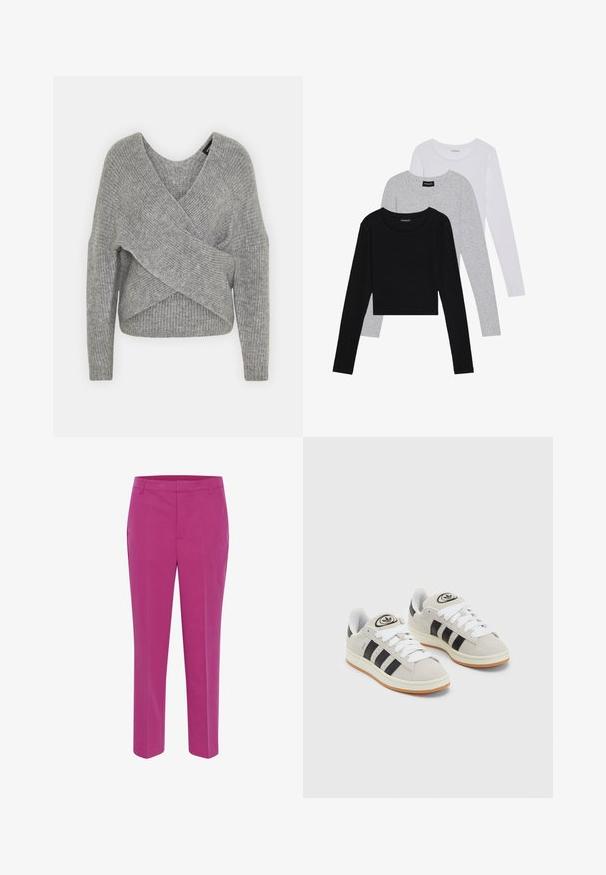 Hallide hallhargus, sügava V-kaelusega, pikkade varrukatega ja ribatrepiga. Valmistatud pehmest kudumismetallist, millel on kihiline, asümmeetriline disain.; Kolm pikkade varrukatega toppi, mis on üksteise peale asetatud: must, hall ja valge. Igal ühel on ümar kaelus ja lühike disain, valmistatud siledast, kergekaalulisest kangast.; Kaffe KASAKURA - Chino-püksid - festival fuchsia; Hallid hallid nahkrennid valgete paeltega, mustade triipudega ja valge kummitaldiga. Omab ümmargust logo keeles ja kummitalda.