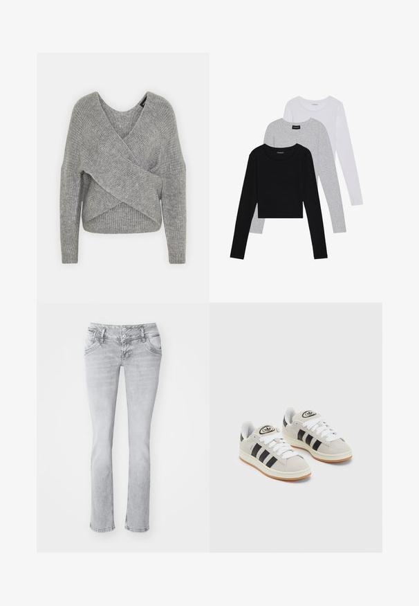 Pilkas aptraukiamas megztinis su giliu V formos iškirpimu, ilgomis rankovėmis ir riešutiniu tekstūru. Pagamintas iš minkštos megztos medžiagos su sluoksniuota, asimetrine konstrukcija.; Trijų ilgomis rankovėmis marškinėlių krūva: juodas, pilkas ir baltas. Kiekvienas turi apvalų iškirpimą ir trumpą dizainą, pagamintas iš lygaus, lengvo audinio.; Pilkos džinsinės kelnės su siauru siluetu, turinčios dviejų mygtukų užsegimą, priekinėmis kišenėmis ir šiek tiek nusidėvėjusiais kraštais. Minkšta tekstūra, tiesaus kirpimo dizainas.; Grynos zomšos sneakeriai su baltais raišteliais, juodomis juostelėmis ir balta gumine sole. Turintys apskritą logotipą ant liežuvėlio ir guminę sole.