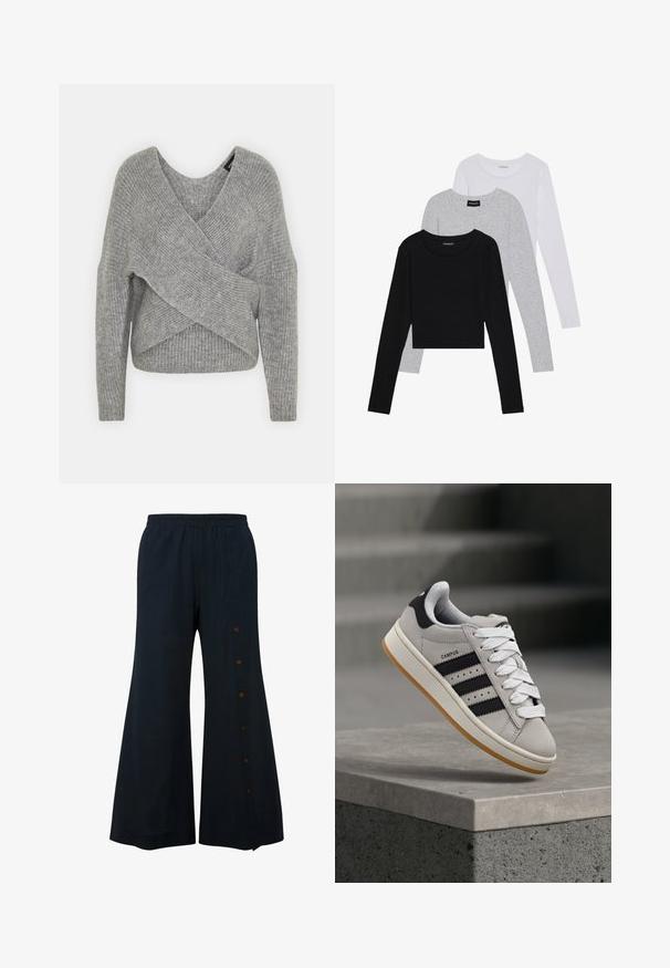 Pull en gris avec un col en V profond, des manches longues et une texture côtelée. Fabriqué en matériau tricoté doux avec un design asymétrique superposé.; Trois hauts à manches longues empilés : noir, gris et blanc. Chacun a un col rond et un design court avec un tissu lisse et léger.; Pantalons larges navy en tissu léger, avec une taille élastique et des boutons marron sur les côtés pour un détail supplémentaire.; Baskets Adidas Campus grises avec des rayures noires et des lacets blancs flottant au-dessus d'un rebord en béton avec des escaliers en arrière-plan.