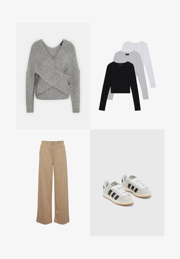 Grå indpakningssweater med dyb V-udskæring, lange ærmer og ribbet tekstur. Fremstillet i et blødt strikkemateriale med et lagdelt, asymmetrisk design.; Tre langærmede toppe stablet: sort, grå og hvid. Hver har en rund halsudskæring og et cropped design med glat, let stof.; Beige brede bukser lavet af blødt stof, med to frontfolder, elastisk talje og en glat tekstur.; Grå ruskinds sneakers med hvide snørebånd, sorte striber og en hvid gummisål. Har et rundt logo på tungen og en gummisål.