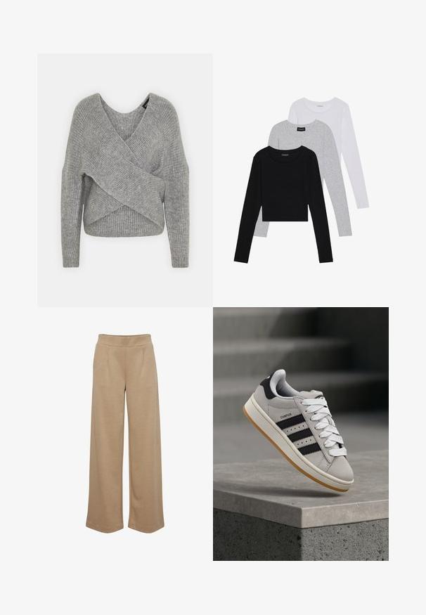 Gray wrap sweater with a deep V-neck, long sleeves, and ribbed texture. Made from a soft knit material with a layered, asymmetrical design.; Three long-sleeve tops stacked: black, grey, and white. Each has a round neckline and a cropped design with smooth, lightweight fabric.; Beige wide-leg pants made of soft fabric, featuring two front pleats, an elastic waist, and a smooth texture.; Gray Adidas Campus sneaker with black stripes and white laces floating above a concrete ledge with stairs in the background.