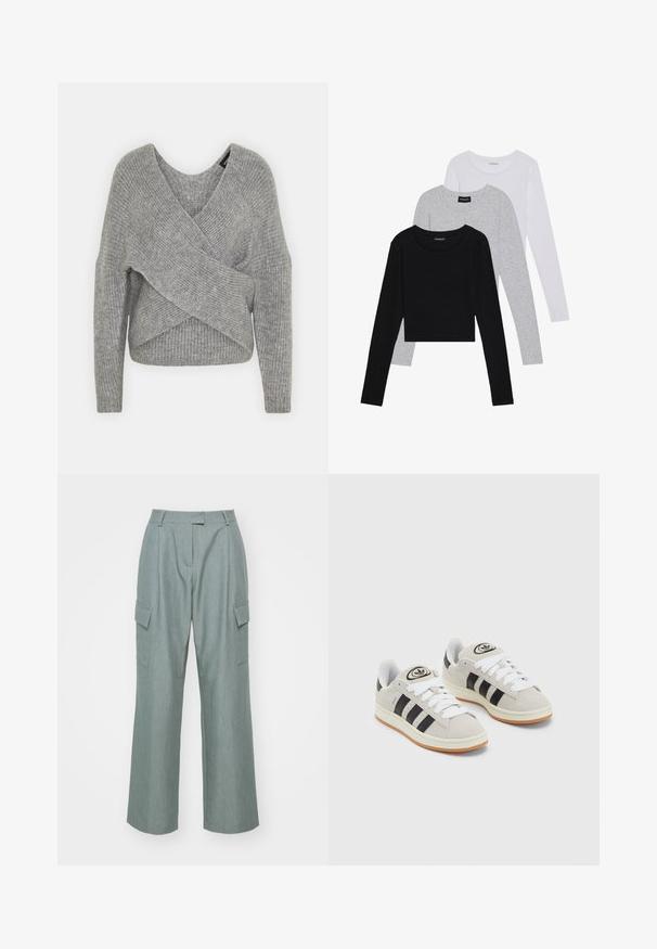 Gray wrap sweater with a deep V-neck, long sleeves, and ribbed texture. Made from a soft knit material with a layered, asymmetrical design.; Three long-sleeve tops stacked: black, grey, and white. Each has a round neckline and a cropped design with smooth, lightweight fabric.; Light green wide-leg cargo pants feature two side pockets, a flat front, and a smooth texture, designed for a relaxed fit.; Gray suede sneakers with white laces, black stripes, and a white rubber sole. Features a circular logo on the tongue and a gum sole.