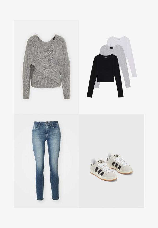 Hallide hallhargus, sügava V-kaelusega, pikkade varrukatega ja ribatrepiga. Valmistatud pehmest kudumismetallist, millel on kihiline, asümmeetriline disain.; Kolm pikkade varrukatega toppi, mis on üksteise peale asetatud: must, hall ja valge. Igal ühel on ümar kaelus ja lühike disain, valmistatud siledast, kergekaalulisest kangast.; Kitsad sinised teksad, mis on valmistatud denimist, millel on pleekinud värv, kerge kulumine eespool ja frayed servad pahkluude juures.; Hallid hallid nahkrennid valgete paeltega, mustade triipudega ja valge kummitaldiga. Omab ümmargust logo keeles ja kummitalda.