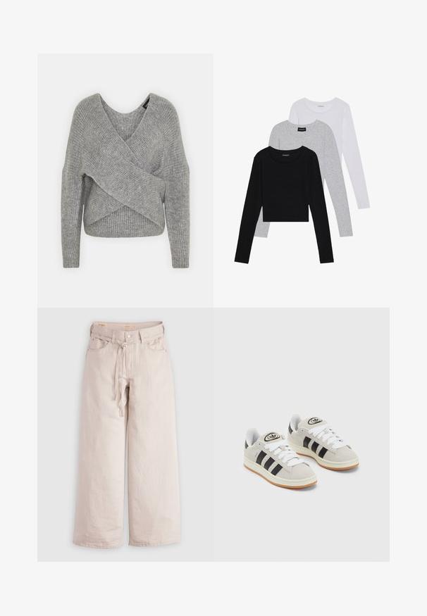 Grå omslagssweater med dyp V-hals, lange ermer og ribbestruktur. Laget av et mykt strikket materiale med et lagdelt, asymmetrisk design.; Tre lange ermer t-skjorter stablet: svart, grå og hvit. Hver har en rund hals og et kort design med glatt, lett stoff.; Lys beige vide bukser laget av denim, med knappelukking, beltehemper og frontlommer. Jevn tekstur med en avslappet passform.; Grå semsket sneakers med hvite lisser, svarte striper og en hvit gummisåle. Har en sirkulær logo på tungen og en gummisåle.