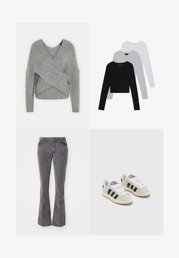Siva omotana vestica s dubokim V-izrezom, dugim rukavima i rebrastom teksturom. Izrađena od mekog pletenog materijala s slojevitim, asimetričnim dizajnom.; Tri dugih rukava posložena: crna, siva i bijela. Svaka ima okrugli izrez i skrateni kroj s glatkom, laganom tkaninom.; Sive flare traperice izrađene od denima, s klasičnim dizajnom pet džepova, linijama izbljedele boje i dugmetom te zatvaračem na struku.; Sive suede tenisice s bijelim vezicama, crnim prugama i bijelim gumiranim potplatom. Imaju kružni logo na jeziku i gumeni potplat.