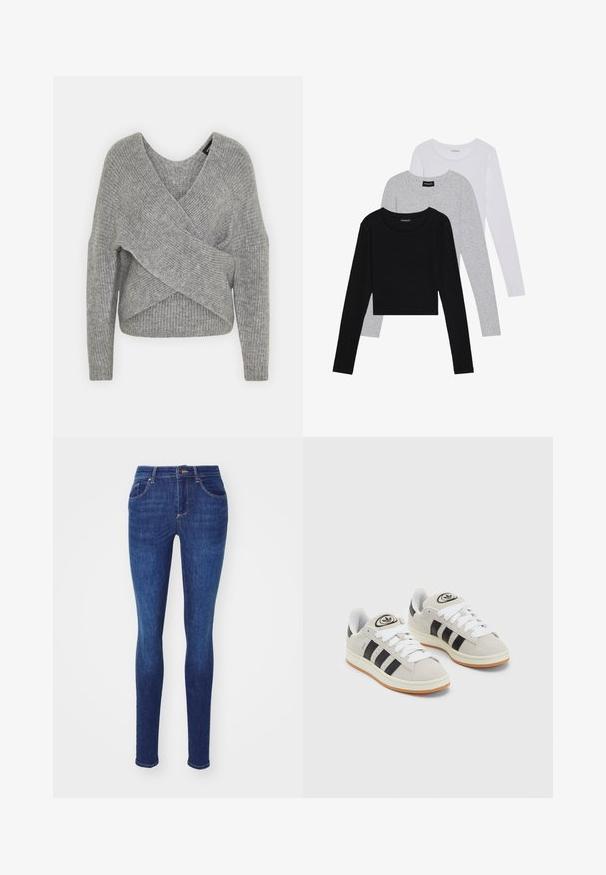 Szürke, mély V kivágású, hosszú ujjú kötött pulóver, bordás textúrával. Puha kötött anyagból készült, réteges, aszimmetrikus dizájnnal.; Három hosszú ujjú póló egymásra rakva: fekete, szürke és fehér. Mindegyiknek kerek nyaka van, és rövidített fazonnal rendelkezik, sima, könnyű anyagból készült.; Sötétkék farmerből készült skinny nadrág sima textúrával, öt zsebbel, övhurkokkal ellátott derékrésszel és elülső záródással.; Szürke velúr sportcipők fehér fűzővel, fekete csíkokkal és fehér gumitalppal. A nyelvén kör alakú logó található, illetve a talpa színes gumi.