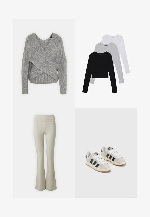 Pelēka apvalka džemperis ar dziļu V veida kakla izgriezumu, garām piedurknēm un ribu tekstūru. Izgatavots no mīksta adījuma materiāla ar slāņotu, asimetrisku dizainu.; Trīs garām piedurknēm veidotas augšdaļas, sakrautās: melna, pelēka un balta. Katram ir noapaļots kakla izgriezums un īsa dizaina forma ar gludu, vieglu audumu.; Bēša platās bikses, kas izgatavotas no mīkstas auduma, ar plašu elastīgu jostu un gludu tekstūru, lejasdaļā paplašinās uz flared hem.; Pelēkas zamšādas kedas ar baltām saites, melnām svītrām un baltu gumijas zoli. Raksturīga apļa logo uz mēles un gumijas zole.