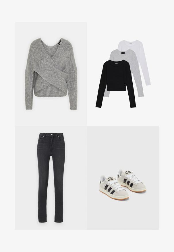 Pullover griș cu un decolteu adânc în V, mâneci lungi și textură cu ochiuri. Fabricat dintr-un material tricotat moale, cu un design stratificat și asimetric.; Trei bluze cu mânecă lungă așezate: neagră, gri și albă. Fiecare are un guler rotund și un design scurt, realizat dintr-un material fin și ușor.; Jeans negri skinny cu talie înaltă, din denim elastic, cu bucle pentru curea, cusături minime și un design clasic cu cinci buzunare.; Adidași din suede gri cu șireți albi, dungi negre și talpă din cauciuc alb. Prezintă un logo circular pe limbă și o talpă din cauciuc.