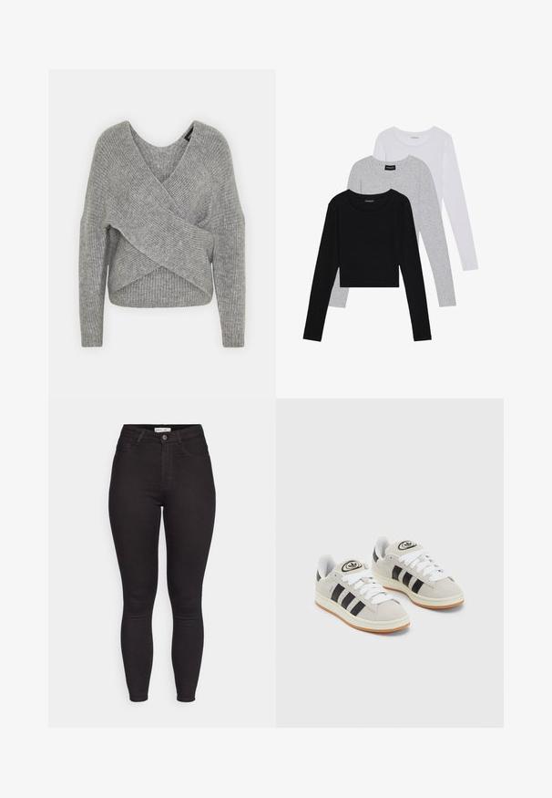 Suéter gris envolvente con un profundo escote en V, mangas largas y textura acanalada. Fabricado con un material de punto suave y un diseño asimétrico en capas.; Tres camisetas de manga larga apiladas: negra, gris y blanca. Cada una tiene un escote redondo y un diseño recortado con una tela suave y ligera.; Jeans skinny de tiro alto en negro, con botón y cremallera frontales, presillas para cinturón y diseño de cinco bolsillos, mostrados sobre un fondo blanco.; Zapatillas de ante gris con cordones blancos, rayas negras y suela de goma blanca. Presentan un logo circular en la lengüeta y una suela de goma.