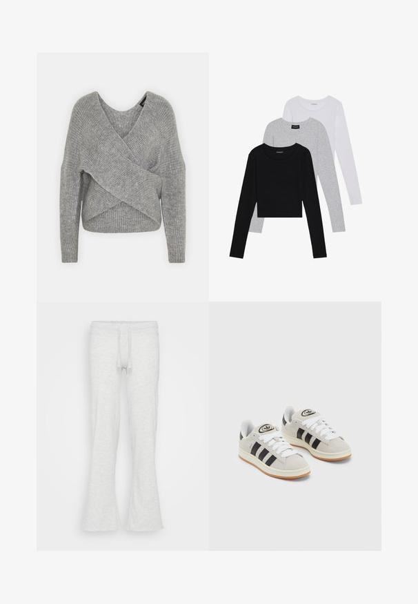 Pelēka apvalka džemperis ar dziļu V veida kakla izgriezumu, garām piedurknēm un ribu tekstūru. Izgatavots no mīksta adījuma materiāla ar slāņotu, asimetrisku dizainu.; Trīs garām piedurknēm veidotas augšdaļas, sakrautās: melna, pelēka un balta. Katram ir noapaļots kakla izgriezums un īsa dizaina forma ar gludu, vieglu audumu.; Gaiši pelēki izflīzēti sporta bikses, kas izgatavotas no mīksta auduma. Iekļauj elastīgu jostasvietu ar auklu. Gluda tekstūra, nav redzamu rakstu.; Pelēkas zamšādas kedas ar baltām saites, melnām svītrām un baltu gumijas zoli. Raksturīga apļa logo uz mēles un gumijas zole.