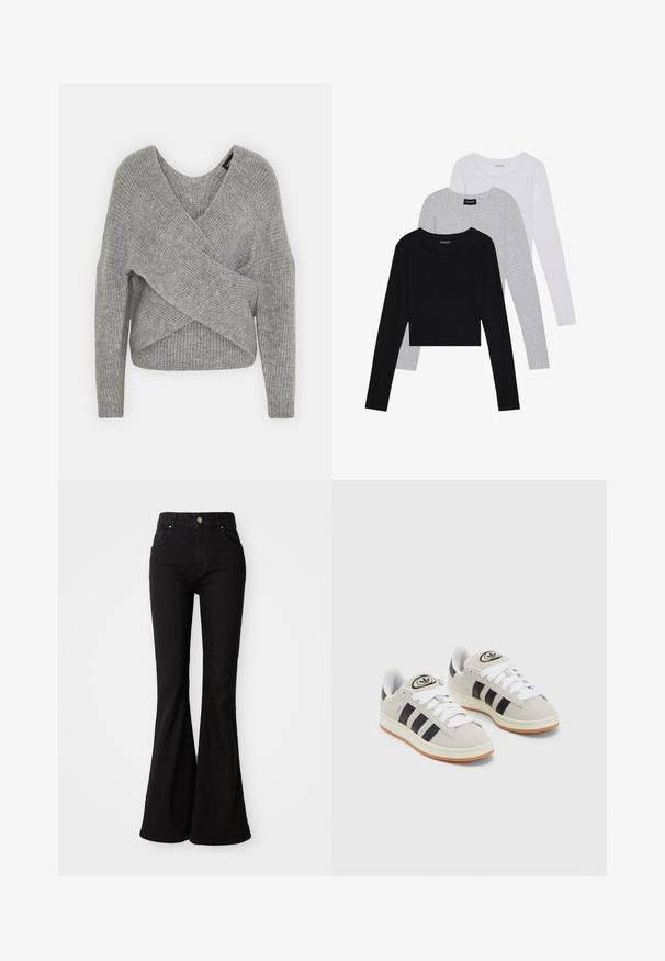 Pull en gris avec un col en V profond, des manches longues et une texture côtelée. Fabriqué en matériau tricoté doux avec un design asymétrique superposé.; Trois hauts à manches longues empilés : noir, gris et blanc. Chacun a un col rond et un design court avec un tissu lisse et léger.; Jean noir évasé en denim, avec une taille haute, fermeture à bouton et design classique à cinq poches. Texture lisse et couleur uniforme.; Baskets en suède gris avec des lacets blancs, des rayures noires et une semelle en caoutchouc blanc. Présentent un logo circulaire sur la languette et une semelle en gomme.