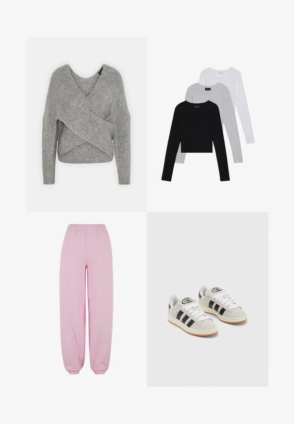Pelēka apvalka džemperis ar dziļu V veida kakla izgriezumu, garām piedurknēm un ribu tekstūru. Izgatavots no mīksta adījuma materiāla ar slāņotu, asimetrisku dizainu.; Trīs garām piedurknēm veidotas augšdaļas, sakrautās: melna, pelēka un balta. Katram ir noapaļots kakla izgriezums un īsa dizaina forma ar gludu, vieglu audumu.; Urban Classics FLUFFY - Treniņtērpa apakšdaļas - softpink; Pelēkas zamšādas kedas ar baltām saites, melnām svītrām un baltu gumijas zoli. Raksturīga apļa logo uz mēles un gumijas zole.