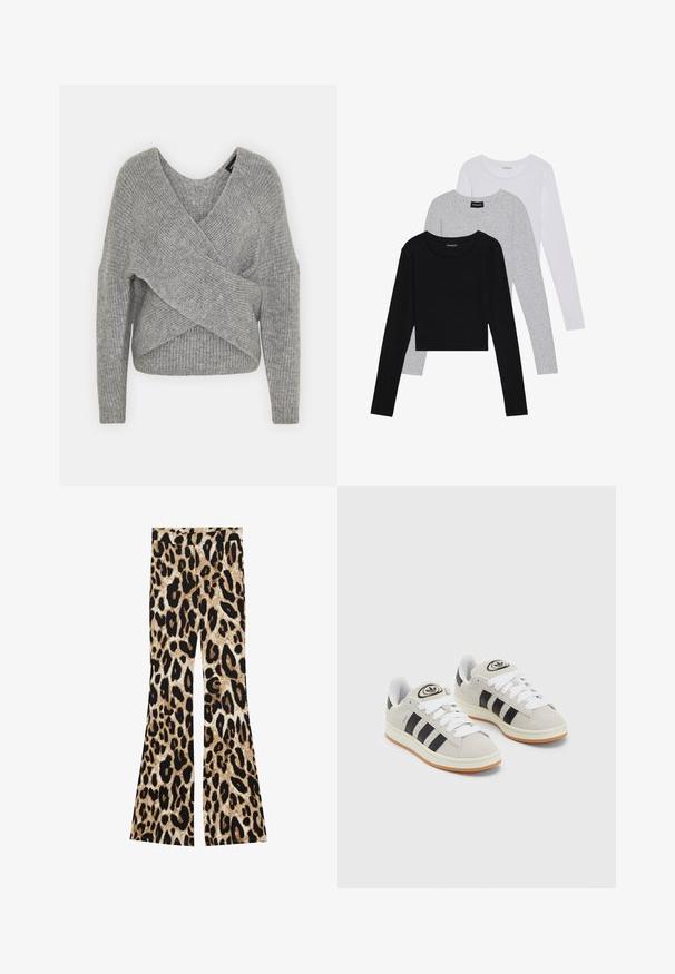 Grå omslagssweater med dyp V-hals, lange ermer og ribbestruktur. Laget av et mykt strikket materiale med et lagdelt, asymmetrisk design.; Tre lange ermer t-skjorter stablet: svart, grå og hvit. Hver har en rund hals og et kort design med glatt, lett stoff.; Bredde bukser med leopardmønster i svart og brune toner, ribbestruktur og høyt liv.; Grå semsket sneakers med hvite lisser, svarte striper og en hvit gummisåle. Har en sirkulær logo på tungen og en gummisåle.