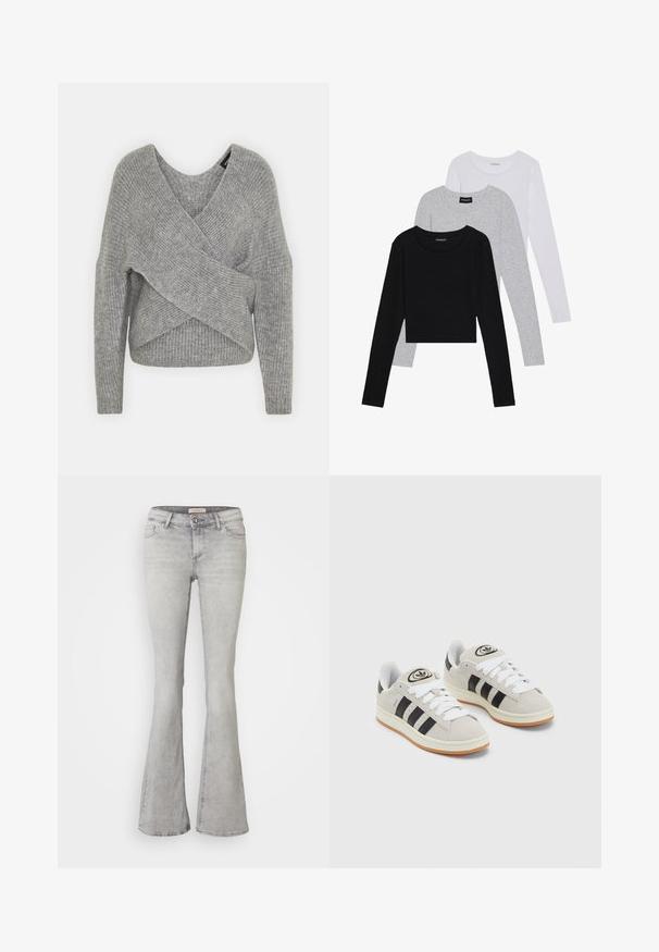 Maglione avvolgente grigio con scollatura a V profonda, maniche lunghe e texture a coste. Realizzato in un morbido materiale in maglia con un design asimmetrico a strati.; Tre magliette a maniche lunghe impilate: nera, grigia e bianca. Ognuna ha un colletto rotondo e un design accorciato con tessuto morbido e leggero.; Jeans in denim grigio svasato con vita aderente, design a cinque tasche e leggera scoloritura. Presentano una chiusura con bottone e orlo cucito.; Sneakers in suede grigio con lacci bianchi, strisce nere e suola in gomma bianca. Presentano un logo circolare sulla linguetta e una suola in gomma.