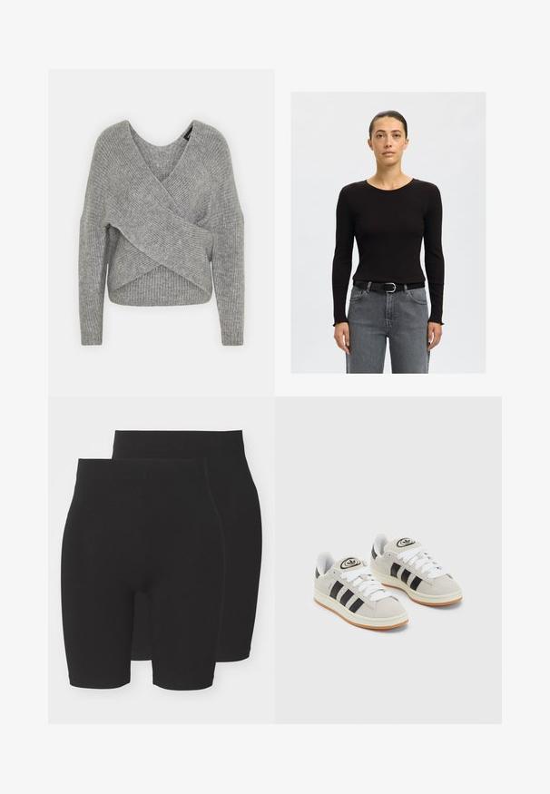 Grå omslagssweater med dyp V-hals, lange ermer og ribbestruktur. Laget av et mykt strikket materiale med et lagdelt, asymmetrisk design.; Svart ribbestrikket langermet topp med rund hals, kombinert med høytlivde grå denimjeans og et svart belte med sølvspenne.; Svart stretchy shorts i et ensfarget design, med en mid-rise midje og en glatt, myk tekstur. Leveres i en pakke med to.; Grå semsket sneakers med hvite lisser, svarte striper og en hvit gummisåle. Har en sirkulær logo på tungen og en gummisåle.