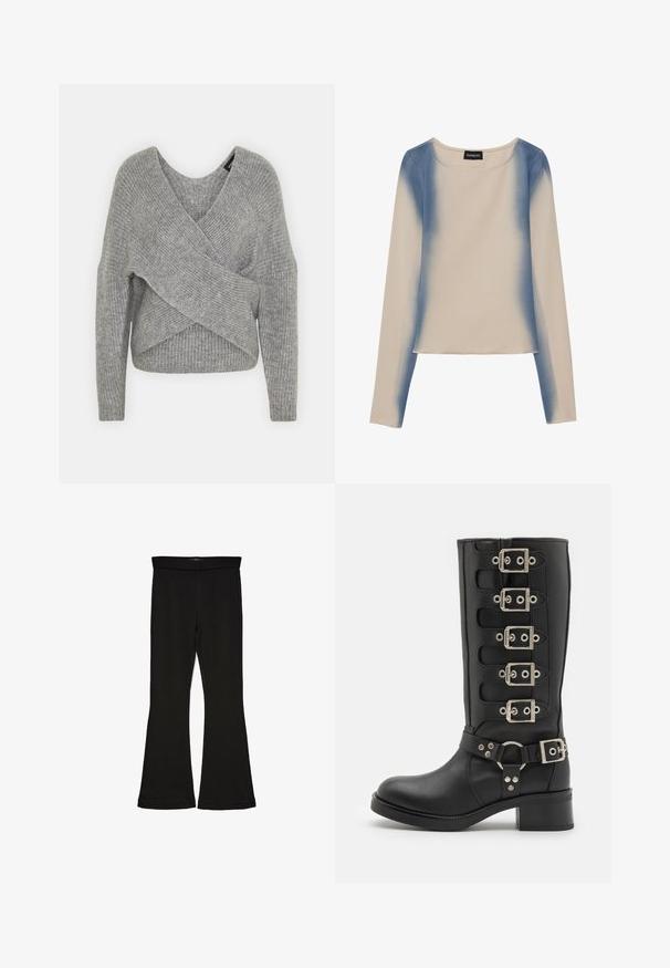 Maglione avvolgente grigio con scollatura a V profonda, maniche lunghe e texture a coste. Realizzato in un morbido materiale in maglia con un design asimmetrico a strati.; Maglietta a maniche lunghe in beige chiaro, con un design a gradiente blu. Texture liscia con scollatura rotonda e orlo dritto.; Leggings a zampa nera realizzati in un tessuto elasticizzato. Presentano una vita alta e una superficie liscia, con una silhouette aderente che si ampia all'orlo.; Stivale nero al ginocchio realizzato in pelle liscia, con sei fibbie argentate, una larga cintura con un anello a O e un robusto tacco a blocco.