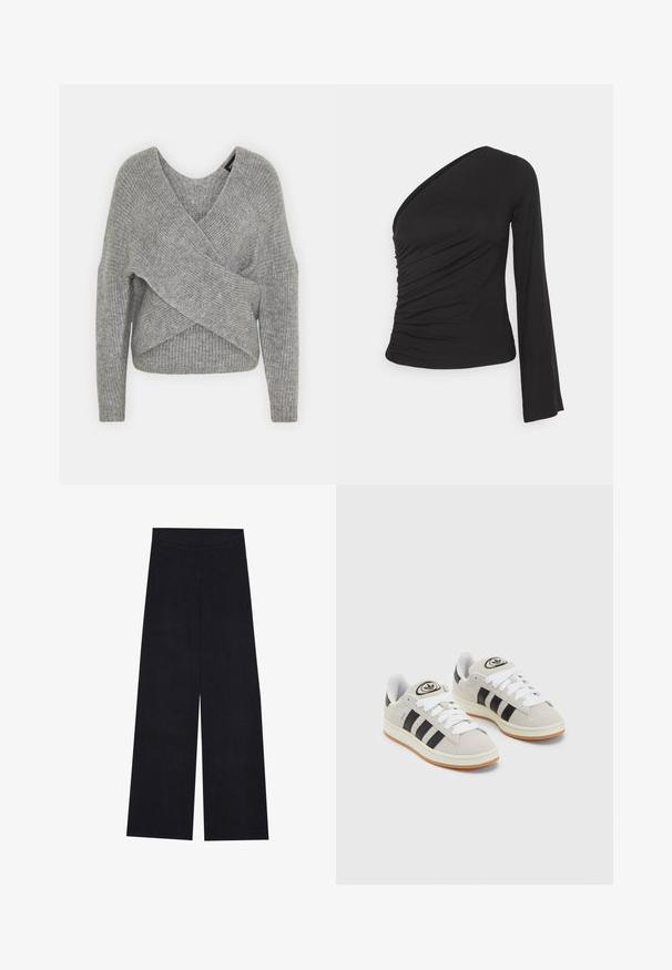 Grijze wikkeltrui met een diepe V-hals, lange mouwen en ribbelstructuur. Gemaakt van een zachte gebreide stof met een gelaagd, asymmetrisch ontwerp.; Asymmetrisch langslievend top in zwart, met een geraapte zijkant voor textuur en een aansluitende silhouette. Gemaakt van zachte, rekbare stof.; Brede pijpen in donkerblauw met een verticale ribbeltextuur. Voorzien van een soepele tailleband en rechte snit, wat zorgt voor een comfortabele pasvorm.; Grijze nubucklederen sneakers met witte veters, zwarte strepen en een witte rubberen zool. Bevat een rond logo op de tong en een gumzool.