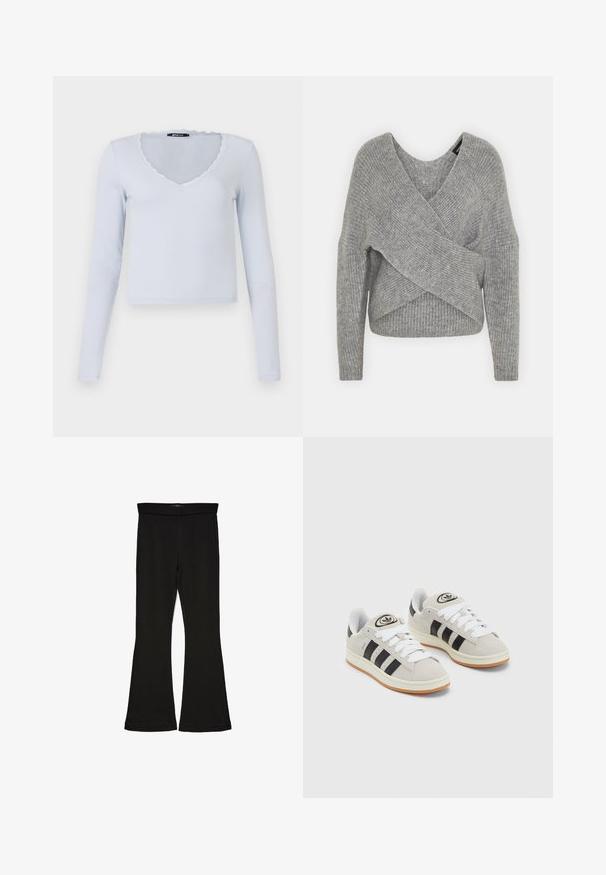 Szürke, mély V kivágású, hosszú ujjú kötött pulóver, bordás textúrával. Puha kötött anyagból készült, réteges, aszimmetrikus dizájnnal.; Világoskék, hosszú ujjú felső, bordázott textúrával, V-nyakkivágással és fodros csipke díszítéssel a nyaknál és az ujjaknál.; Fekete trapéz leggings rugalmas anyagból készült. Széles derékpánttal és sima textúrával rendelkezik, illeszkedő sziluettje van, amely a szegélyen kigyullad.; Szürke velúr sportcipők fehér fűzővel, fekete csíkokkal és fehér gumitalppal. A nyelvén kör alakú logó található, illetve a talpa színes gumi.
