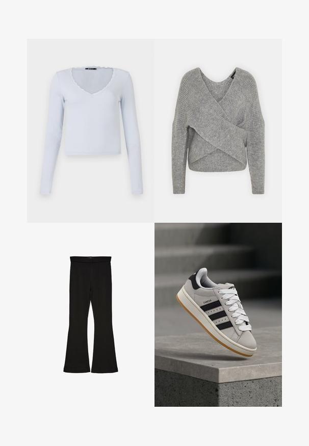 Grau umwickelter Pullover mit tiefem V-Ausschnitt, langen Ärmeln und gerippter Textur. Hergestellt aus einem weichen Strickmaterial mit einem geschichteten, asymmetrischen Design.; Helles blaues Langarmoberteil mit geripptem Texture, V-Ausschnitt und gewelltem Spitzenrand um den Ausschnitt und die Ärmel.; Schwarze Schlagleggings aus dehnbarem Stoff. Sie verfügen über einen breiten Bund und eine glatte Textur, mit einer enganliegenden Silhouette, die am Saum ausgestellt ist.; Grauer Adidas Campus Sneaker mit schwarzen Streifen und weißen Schnürsenkeln, der über einer Betonmauer schwebt, mit Treppen im Hintergrund.