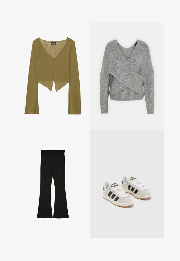 Γκρι ζακέτα με βαθύ V-λαιμό, μακριά μανίκια και ριμπ υφή. Κατασκευασμένη από μαλακό πλεκτό υλικό με επίπεδη, ασύμμετρη σχεδίαση.; Ελαιόχρωμο μακρυμάνικο μπλουζάκι με V-λαιμόκοψη και φλιτζανόμαλλο στρίψιμο. Φτιαγμένο από υφή υφάσματος, με cropped σχέδιο και φουσκωμένα μανίκια.; Μαύρες κολάν με φουσκωτό σχέδιο, φτιαγμένες από ελαστικό ύφασμα. Διαθέτουν φαρδύ λάστιχο και λεία υφή, με εφαρμοστό σχήμα που ανοίγει στο τελείωμα.; Γκρίζα σουέτ αθλητικά παπούτσια με λευκές κορδόνες, μαύρες ρίγες και λευκή καουτσούκ σόλα. Διαθέτει κυκλικό λογότυπο στη γλώσσα και σόλα από καουτσούκ.