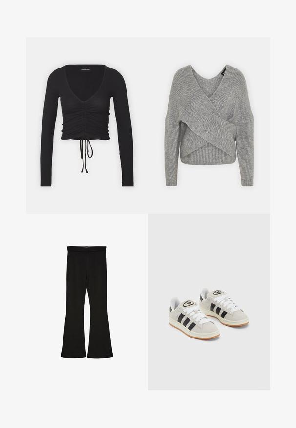 Hallide hallhargus, sügava V-kaelusega, pikkade varrukatega ja ribatrepiga. Valmistatud pehmest kudumismetallist, millel on kihiline, asümmeetriline disain.; Musträbitud must pikkade varrukatega crop top, millel on sügav V-kaelus, kogutud detail esiosal ja reguleeritav nöör allääres.; Mustad mustad sääred, mis on valmistatud venivast kangast. Omab laia vööd ja siledat tekstuuri, sobituv siluett, mis laieneb allservas.; Hallid hallid nahkrennid valgete paeltega, mustade triipudega ja valge kummitaldiga. Omab ümmargust logo keeles ja kummitalda.