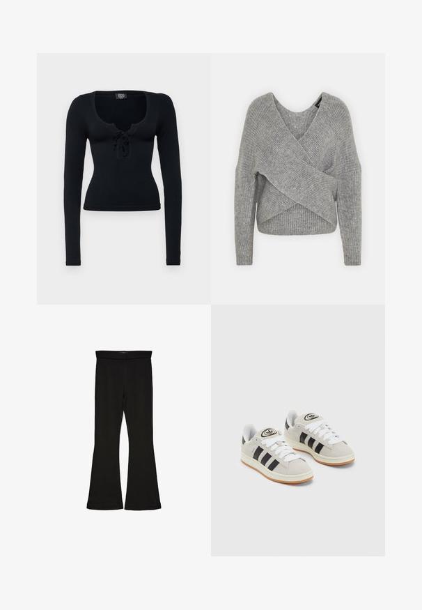 Harmaa neulejakku, jossa on syvä V-kaula-aukko, pitkät hihat ja ribboitu pinta. Valmistettu pehmeästä neuloksesta, jossa on kerroksellinen ja epäsymmetrinen muotoilu.; BDG Urban Outfitters KNOCKOUT BABY - Pitkähihainen paita - black; Mustat leveät legginsit, jotka on valmistettu joustavasta kankaasta. Niissä on leveä vyötärö ja sileä pinta, sekä vartalonmyötäinen leikkaus, joka levenee helmassa.; Harmaat mokkasiinikenkä, joissa on valkoiset nauhat, mustat raidat ja valkoinen kumipohja. Kantajassa on pyöreä logo ja vaaleanruskea pohja.