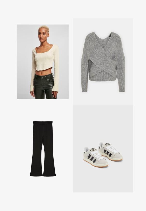 Grå omslagssweater med dyp V-hals, lange ermer og ribbestruktur. Laget av et mykt strikket materiale med et lagdelt, asymmetrisk design.; Kuttet langermet topp i beige ribbet stoff, med firkantet halslinje og tettsittende design. Kombinert med svarte skinnbukser.; Sorte flared leggings laget av stretchy stoff. Har en bred midjebånd og en glatt tekstur, med en tettsittende silhuett som blir videre nedover.; Grå semsket sneakers med hvite lisser, svarte striper og en hvit gummisåle. Har en sirkulær logo på tungen og en gummisåle.
