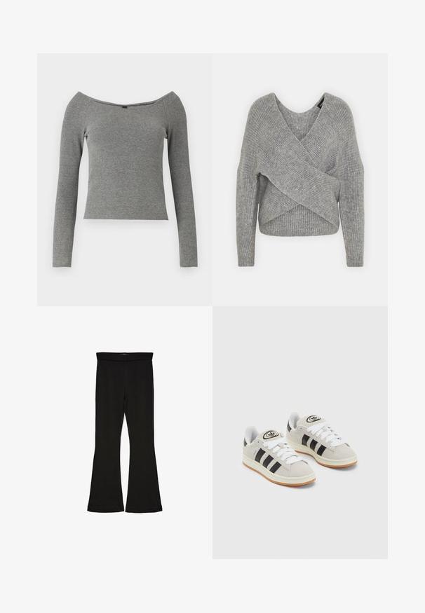 Sivý cardigan s hlbokým V- výstrihom, dlhými rukávmi a rebrovanou textúrou. Vyrobený z mäkkého pleteného materiálu s viacvrstvovým, asymetrickým dizajnom.; Sivý rebrovaný dlhý rukáv top s off-shoulder výstrihom, priliehavým strihom a hladkou štruktúrou. Bez viditeľných prvkov alebo vzorov.; Čierne legíny s flared strihom vyrobené z elastického materiálu. Majú široký pás a hladkú textúru, s priliehavým siluetom, ktorý sa na okraji rozširuje.; Sivé semišové tenisky s bielymi šnúrkami, čiernymi pruhmi a bielou gumovou podrážkou. Obsahujú okrúhly logo na jazyku a gumenú podrážku.