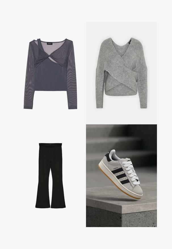 Siva ovitek pulover z globokim V-izrezom, dolgimi rokavi in ribasto teksturo. Narejen iz mehke pletene tkanine z plastnim, asimetričnim dizajnom.; Siv zgornji del z dolgimi rokavi, ki vključuje prilegajoč se sloj z prozornim mrežnim prelivom, zvitin detajl spredaj in okroglo izrezano ovratnik.; Črne flare leggings iz raztegljive tkanine. Imajo širok pas in gladko teksturo, s prilegajočo silhueto, ki se na robu razširi.; Siv Adidas Campus športni copat s črnimi črtami in belimi vezalkami, ki lebdi nad betonskim robom s stopnicami v ozadju.