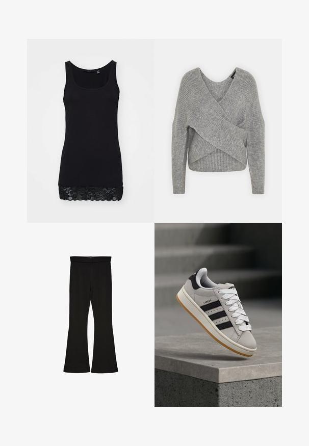 Gray wrap sweater with a deep V-neck, long sleeves, and ribbed texture. Made from a soft knit material with a layered, asymmetrical design.; Black tank top made of smooth cotton with a fitted design, featuring a lace trim at the hem for added texture and detail.; Black flare leggings made from stretchy fabric. Features a wide waistband and a smooth texture, with a fitted silhouette that flares at the hem.; Gray Adidas Campus sneaker with black stripes and white laces floating above a concrete ledge with stairs in the background.