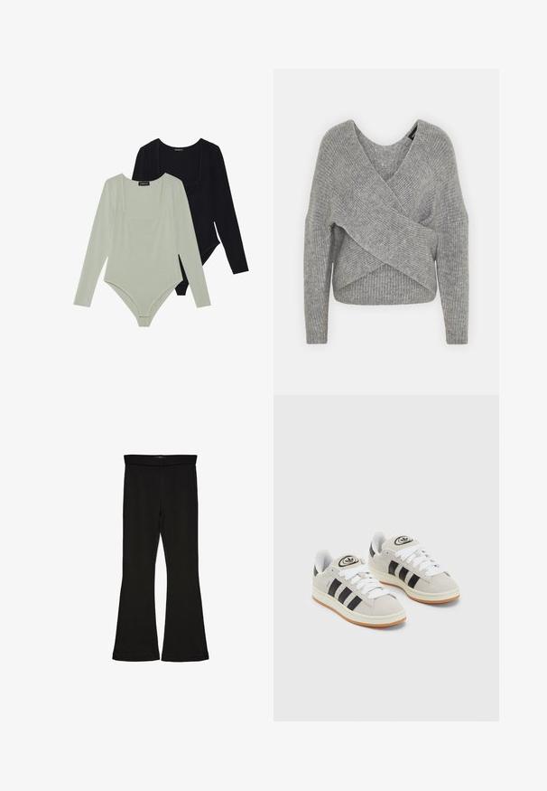 Harmaa neulejakku, jossa on syvä V-kaula-aukko, pitkät hihat ja ribboitu pinta. Valmistettu pehmeästä neuloksesta, jossa on kerroksellinen ja epäsymmetrinen muotoilu.; Kaksi pitkähihainen bodya: toinen vaaleanvihreä ja toinen musta. Molemmissa on neliön muotoinen pääntie ja tiukka muotoilu sileällä pinnalla.; Mustat leveät legginsit, jotka on valmistettu joustavasta kankaasta. Niissä on leveä vyötärö ja sileä pinta, sekä vartalonmyötäinen leikkaus, joka levenee helmassa.; Harmaat mokkasiinikenkä, joissa on valkoiset nauhat, mustat raidat ja valkoinen kumipohja. Kantajassa on pyöreä logo ja vaaleanruskea pohja.