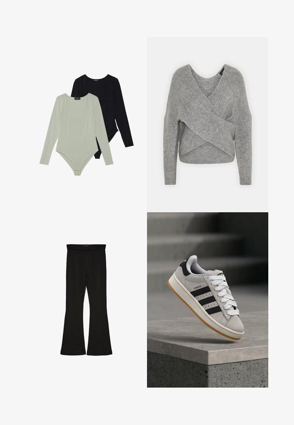 Hallide hallhargus, sügava V-kaelusega, pikkade varrukatega ja ribatrepiga. Valmistatud pehmest kudumismetallist, millel on kihiline, asümmeetriline disain.; Kaks pikkade varrukatega bodysuit'i: üks helesinine, teine must. Mõlemal on ruudukujuline kaelus ja need on sobiva lõikega, sujuva tekstuuriga.; Mustad mustad sääred, mis on valmistatud venivast kangast. Omab laia vööd ja siledat tekstuuri, sobituv siluett, mis laieneb allservas.; Hall Adidas Campus spordijalats mustade triipude ja valgete paeltega, mis hõljub betoonist ääre kohal, kus taustal on trepid.