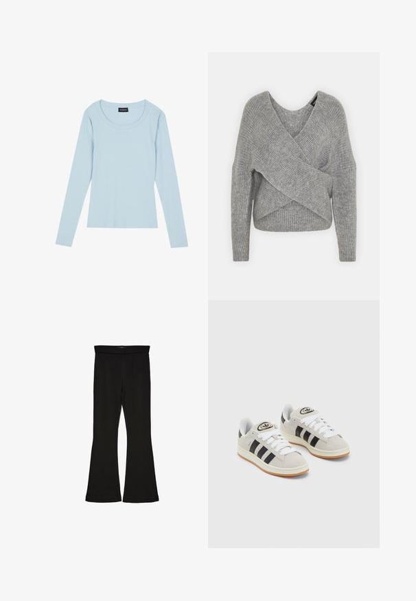 Grau umwickelter Pullover mit tiefem V-Ausschnitt, langen Ärmeln und gerippter Textur. Hergestellt aus einem weichen Strickmaterial mit einem geschichteten, asymmetrischen Design.; Helle blaue langärmlige Ripp-Oberteil mit rundem Ausschnitt und tailliertem Schnitt. Weicher Stoff mit einem subtilen Muster, das senkrecht verläuft.; Schwarze Schlagleggings aus dehnbarem Stoff. Sie verfügen über einen breiten Bund und eine glatte Textur, mit einer enganliegenden Silhouette, die am Saum ausgestellt ist.; Graue Wildledersneaker mit weißen Schnürsenkeln, schwarzen Streifen und einer weißen Gummisohle. Merkmale sind ein kreisförmiges Logo auf der Zunge und eine Gummisohle.