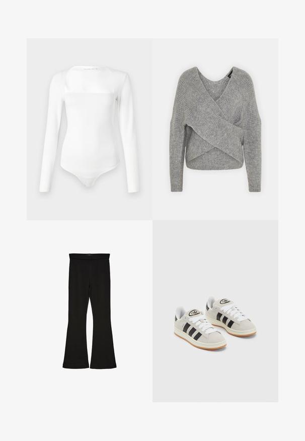 Grijze wikkeltrui met een diepe V-hals, lange mouwen en ribbelstructuur. Gemaakt van een zachte gebreide stof met een gelaagd, asymmetrisch ontwerp.; Witte lang-sleeve bodysuit met een vierkante halslijn, gemaakt van een gladde stof. Heeft een nauwsluitende pasvorm en drukknoopsluiting aan de onderkant.; Zwarte flare leggings gemaakt van rekbaar materiaal. Beschikt over een brede tailleband en een zachte textuur, met een getailleerd silhouet dat uitloopt bij de zoom.; Grijze nubucklederen sneakers met witte veters, zwarte strepen en een witte rubberen zool. Bevat een rond logo op de tong en een gumzool.