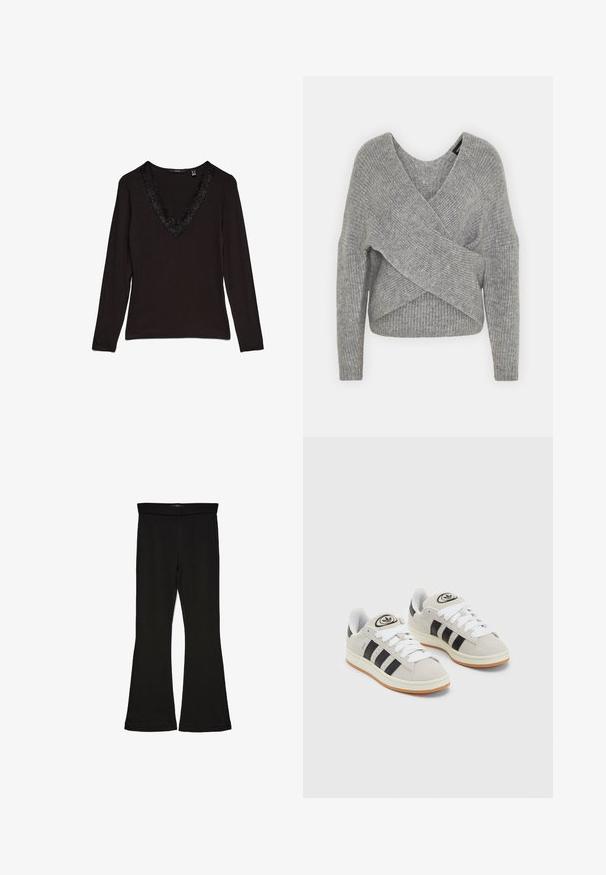 Gray wrap sweater with a deep V-neck, long sleeves, and ribbed texture. Made from a soft knit material with a layered, asymmetrical design.; Black long-sleeve top with a deep V-neckline, featuring a decorative lace trim along the collar. Smooth fabric with a fitted design.; Black flare leggings made from stretchy fabric. Features a wide waistband and a smooth texture, with a fitted silhouette that flares at the hem.; Gray suede sneakers with white laces, black stripes, and a white rubber sole. Features a circular logo on the tongue and a gum sole.