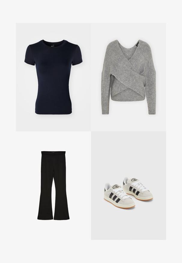 Szürke, mély V kivágású, hosszú ujjú kötött pulóver, bordás textúrával. Puha kötött anyagból készült, réteges, aszimmetrikus dizájnnal.; Tengerészkék, rövid ujjú póló sima, rugalmas anyagból. Kerek nyakkivágású és testhezálló fazonú. Minták vagy díszítések nélkül.; Fekete trapéz leggings rugalmas anyagból készült. Széles derékpánttal és sima textúrával rendelkezik, illeszkedő sziluettje van, amely a szegélyen kigyullad.; Szürke velúr sportcipők fehér fűzővel, fekete csíkokkal és fehér gumitalppal. A nyelvén kör alakú logó található, illetve a talpa színes gumi.