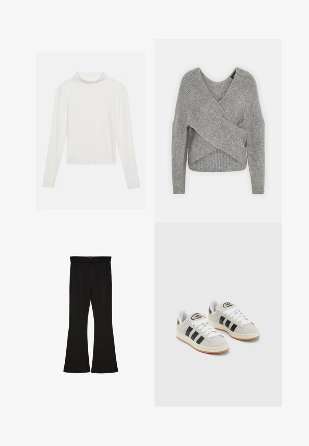 Gray wrap sweater with a deep V-neck, long sleeves, and ribbed texture. Made from a soft knit material with a layered, asymmetrical design.; White long-sleeve top with a round neck, made from a ribbed knit fabric, featuring a fold-over collar and a fitted silhouette.; Black flare leggings made from stretchy fabric. Features a wide waistband and a smooth texture, with a fitted silhouette that flares at the hem.; Gray suede sneakers with white laces, black stripes, and a white rubber sole. Features a circular logo on the tongue and a gum sole.