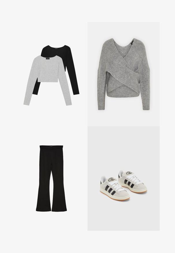 Szürke, mély V kivágású, hosszú ujjú kötött pulóver, bordás textúrával. Puha kötött anyagból készült, réteges, aszimmetrikus dizájnnal.; Fekete és világosszürke hosszú ujjú crop toppok. Puha anyag, lekerekített nyakkivágással. Minden top hosszú ujjal és testhezálló fazonnal rendelkezik.; Fekete trapéz leggings rugalmas anyagból készült. Széles derékpánttal és sima textúrával rendelkezik, illeszkedő sziluettje van, amely a szegélyen kigyullad.; Szürke velúr sportcipők fehér fűzővel, fekete csíkokkal és fehér gumitalppal. A nyelvén kör alakú logó található, illetve a talpa színes gumi.