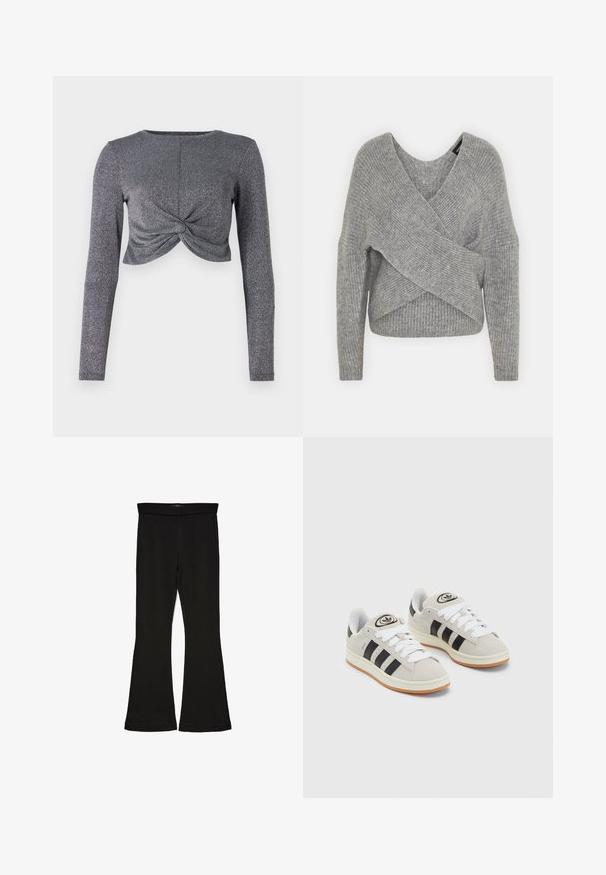 Szary sweter o luźnym kroju z głębokim dekoltem w kształcie litery V, długimi rękawami i prążkowaną teksturą. Wykonany z miękkiego materiału dzianinowego z warstwowym, asymetrycznym wzorem.; Srebrny, krótki top z długim rękawem i skręconym przodem, wykonany z teksturowanej, błyszczącej tkaniny, która dodaje blasku i wymiaru.; Czarne legginsy w stylu dzwonów wykonane z elastycznej tkaniny. Posiadają szeroki pas i gładką teksturę, z dopasowanym krojem, który rozszerza się ku dołowi.; Szare zamszowe trampki z białymi sznurówkami, czarnymi paskami i białą gumową podeszwą. Posiadają okrągłe logo na języku oraz gumową podeszwę.
