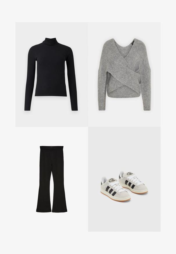 Siva ovitek pulover z globokim V-izrezom, dolgimi rokavi in ribasto teksturo. Narejen iz mehke pletene tkanine z plastnim, asimetričnim dizajnom.; Črna rebrasta pulover s turtleneck ovratnikom, dolgimi rokavi, oprijetim krojem, gladko teksturo in visokim ovratnikom. Brez vidnih vzorcev ali okrasitev.; Črne flare leggings iz raztegljive tkanine. Imajo širok pas in gladko teksturo, s prilegajočo silhueto, ki se na robu razširi.; Sive športne čevlje iz semiša z belimi vezalkami, črnimi črtami in belim gumijastim podplatom. Imajo okroglo oznako na ježku in podplat iz gume.