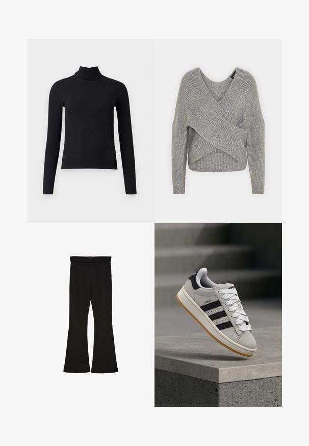 Siva omotana vestica s dubokim V-izrezom, dugim rukavima i rebrastom teksturom. Izrađena od mekog pletenog materijala s slojevitim, asimetričnim dizajnom.; Crni rebrasti džemper s rol kragnom i dugim rukavima, prilagođenog kroja, glatke teksture i visokog ovratnika. Nema vidljivih uzoraka ili ukrasa.; Crne hlače na tregere od rastezljivog materijala. Imaju širok pojas i glatku teksturu, s uskim krojem koji se širi na rubu.; Siva Adidas Campus tenisica s crnim prugama i bijelim vezicama lebdi iznad betonskog ruba s ljestvama u pozadini.