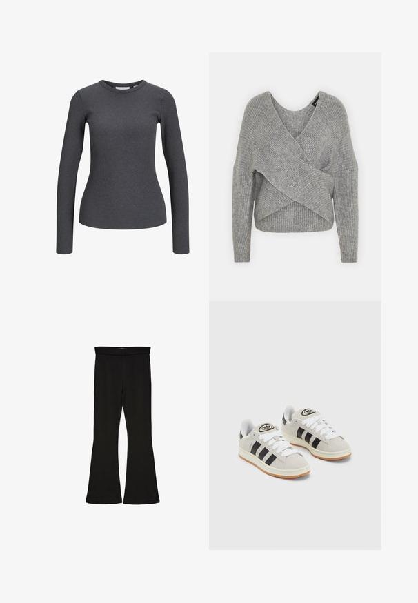 Szürke, mély V kivágású, hosszú ujjú kötött pulóver, bordás textúrával. Puha kötött anyagból készült, réteges, aszimmetrikus dizájnnal.; Hosszú ujjú, bordázott felső sötétszürkében. Kerek nyakkivágással és testhez simuló szabással rendelkezik. Kényelmes, elasztikus anyagból készült.; Fekete trapéz leggings rugalmas anyagból készült. Széles derékpánttal és sima textúrával rendelkezik, illeszkedő sziluettje van, amely a szegélyen kigyullad.; Szürke velúr sportcipők fehér fűzővel, fekete csíkokkal és fehér gumitalppal. A nyelvén kör alakú logó található, illetve a talpa színes gumi.
